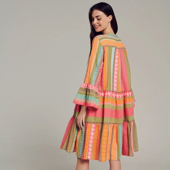 Devotion Twins Ella Embroidered Cotton Multicolor Tunic Mid Dress - Picture 2 of 9